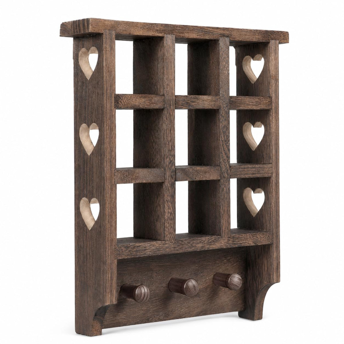 Trinket Shelf, Wooden Heart Shelf, 14 x 12 inch Floating Shelf, Wooden Trinket Shelf with Hearts and Pegs, Figurine Display Shelf, 9 Openings Heart Wall Shelf for Bedroom, Living Room, or Study Room