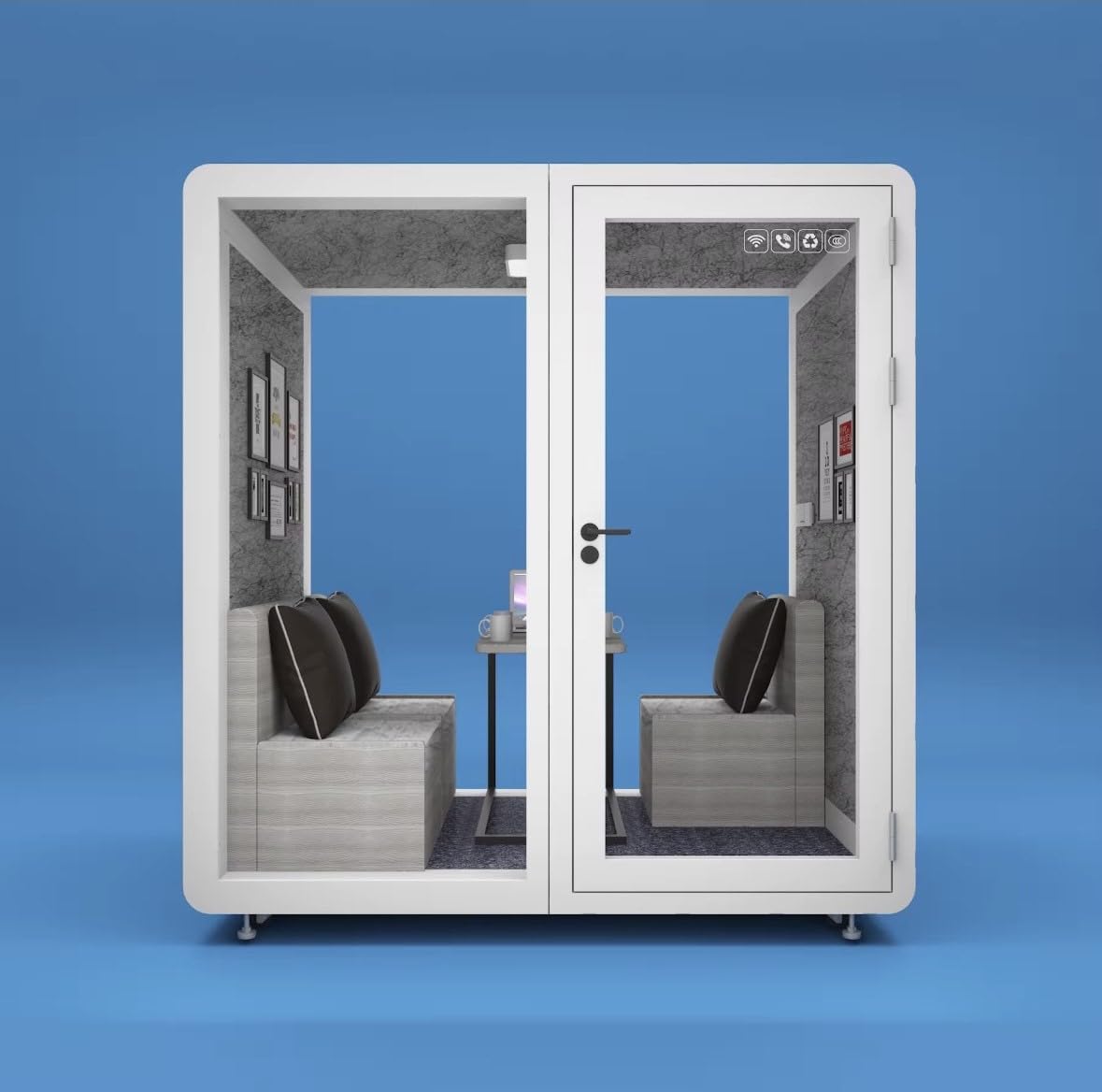 Sound Proof Mobile Office Pod Booth, Best for 4-6 People, Glass Door LED Lights, Includes Furniture & Table. Best for Private Meeting, Office, Phone Call, Piano, Study, Sleep & More (White)