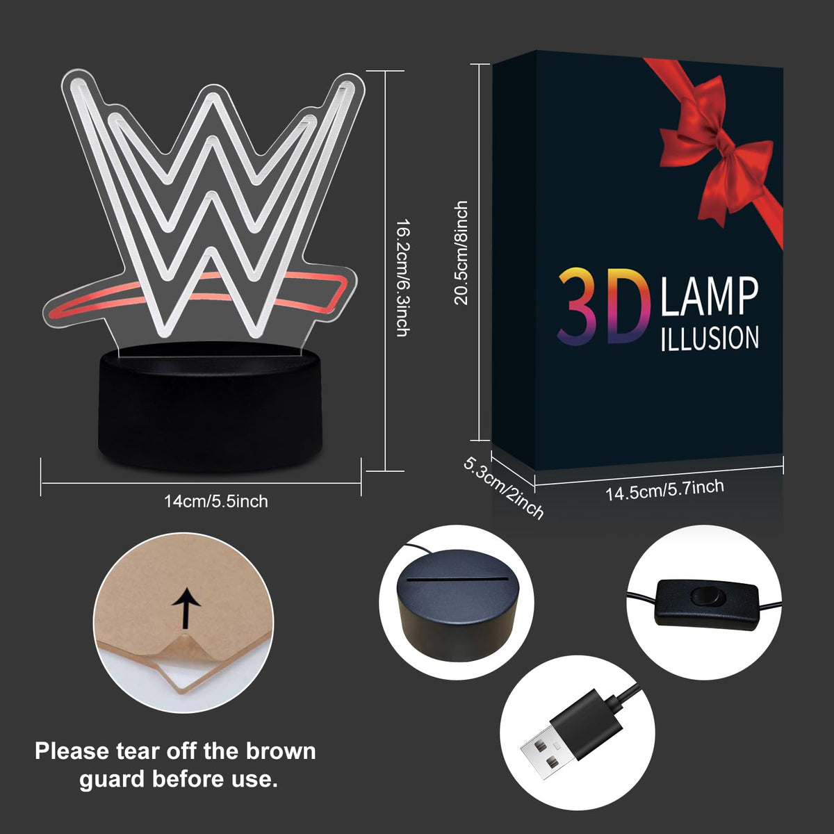 3D Wrestling LED Night Light with Corded Control, White Illusion Lamp for Boxing Gym, Sports Bar, Game Room | Unique Birthday Christmas Gifts for Teens, Boys, Girls, Fight Fans