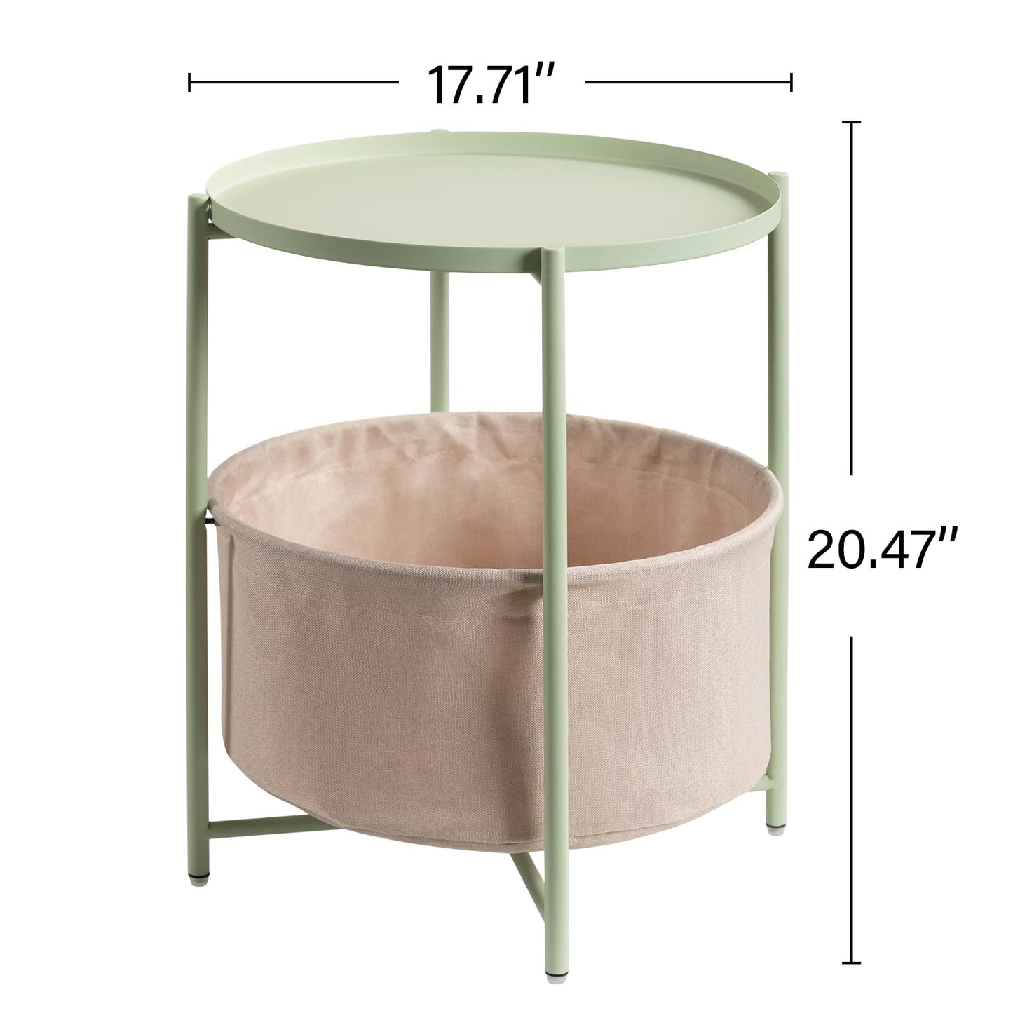 danpinera Round Side Table with Fabric Storage Basket, Metal Side Table Small Bedside Nightstand with Removable Tray Top for Living Room, Bedroom, Nursery, Laundry, Light Green