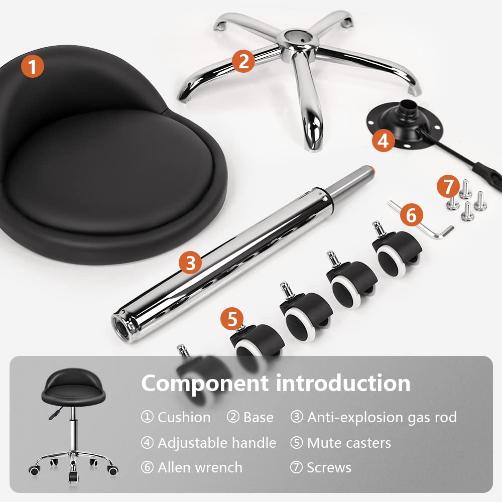KKTONER PU Leather Round Rolling Stool with Back Rest Height Adjustable Swivel Drafting Work SPA Task Chair with Wheels Black