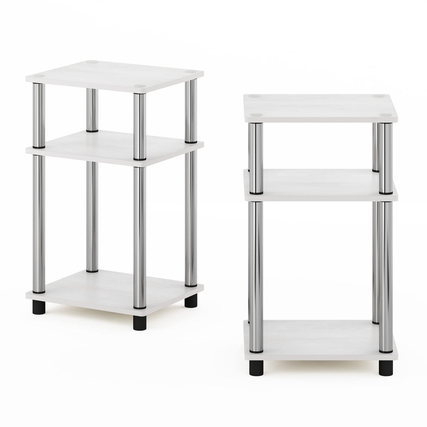 Furinno JUST Side Table Set of 2, 3-Tier Modern End Tables, Toolless Assembly Night Stand, Nightstand, Toolless Assembly, for Living Room, Bedroom, White Oak/Stainless Steel