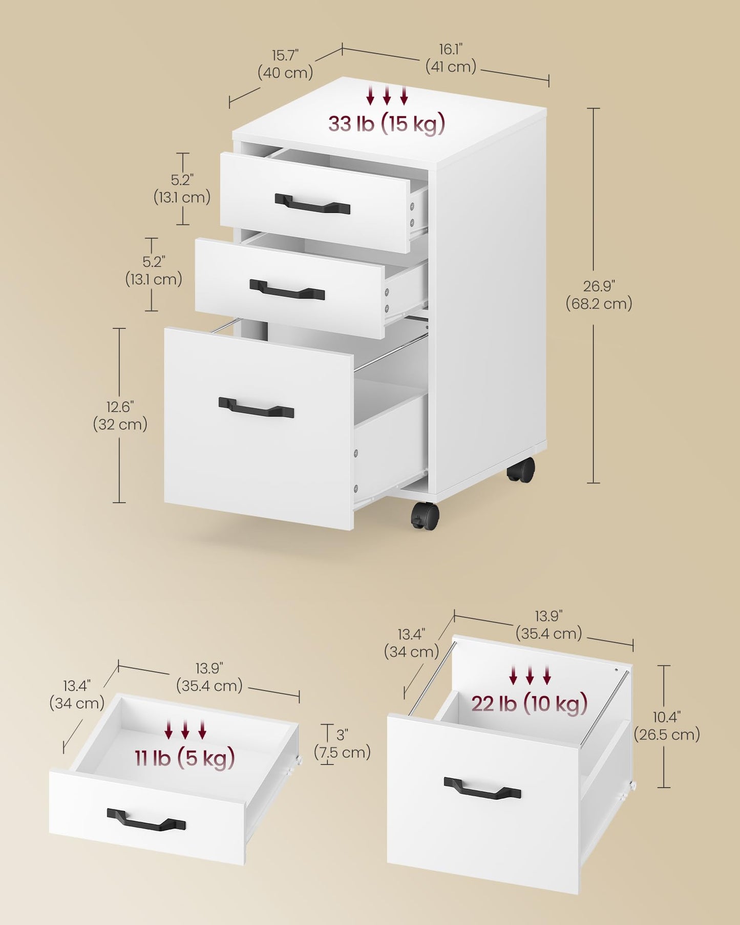 VASAGLE Custos Collection - Mobile File Cabinet, 3 Drawers Filing Cabinet with Wheels, for Home Office, for A4, Letter Sized Documents, Adjustable Hanging Rail, Cloud White UOFC065WB01