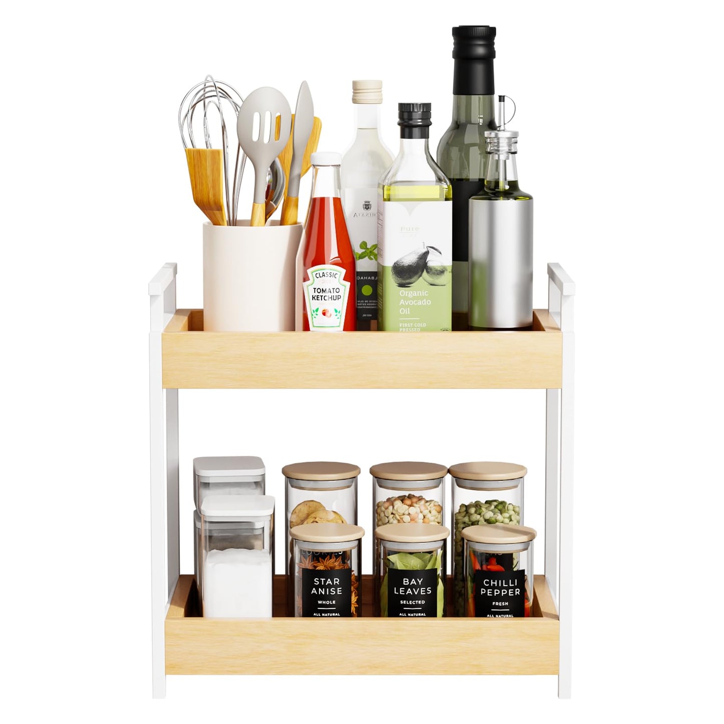 KLM Countertop Coffee Station Organizer, 2 Tier Wooden Shelf for Coffee Bar Accessories, Condiment Storage Caddy for Kitchen, Bathroom Counter Organizer, Home, Office - Natural
