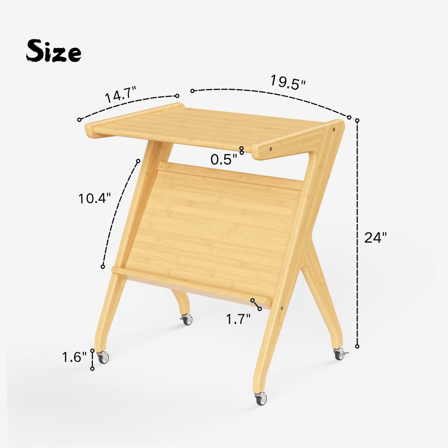 Auroral Zone Solid Wood 2-Tier Rolling Side Table with Lockable casters, Mobile Small End Table with Magazine Rack for Living Room, Bedroom & Sofa