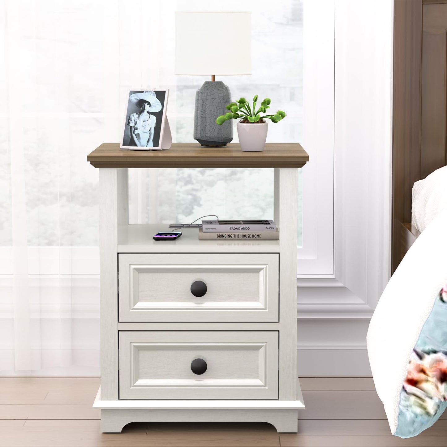 REDAYFUR End Table with Fast USB C Charging Station, 18" Wide Tall Sofa Side Table with 2 Drawers, Large Storage Rustic Wood Square Storage Cabinet for Living Room,Bedroom,Office, White