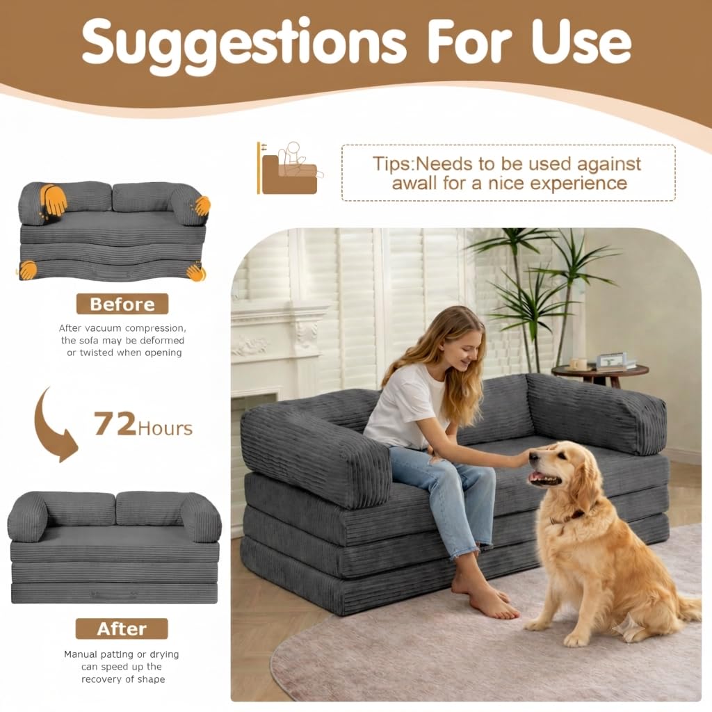 NLDD Convertible Sofa Bed King,5-in-1 Folding Boneless Couch Corduroy Futon Sofa Bed,Tri-Fold Mattress with Removable Armrests & Handle,Sleeper with Pull Out Bed for Small Space Living Room Bedroom
