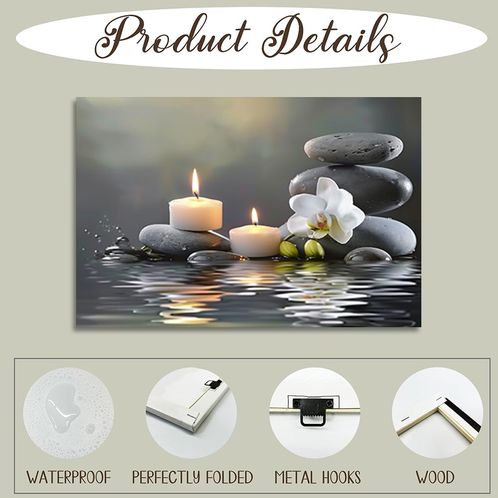 CGXLB Zen Stone Wall Art Candles & Orchid Painting Serene Water Decor for Spa Bathroom Bedroom Meditation Room 24"x36"