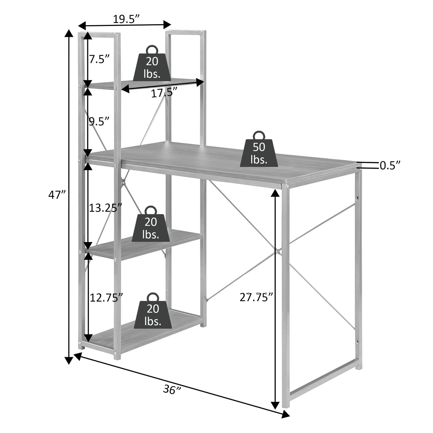 Convenience Concepts Desigsn2Go Office Workstation Desk 36" - Modern, Contemporary Writing Accent with Storage Shelves for Dorm Room & Home Study, Charcoal Gray