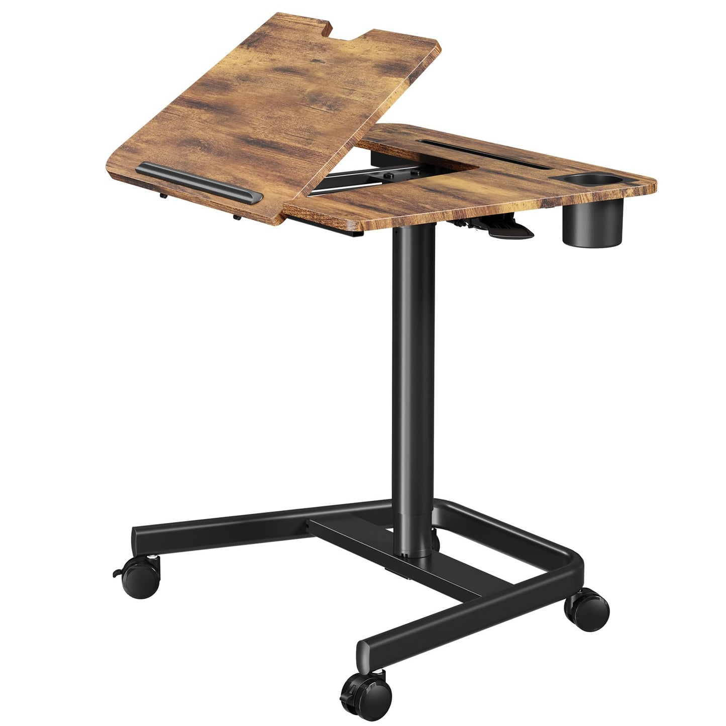 JOY worker Mobile Standing Desk, Height Adjustable Table, 60° Tiltable Rolling Laptop Desk, Portable Sit Stand Desk with Wheels Cup Holder for Bed Couch Hospital, Holds Up to 22lbs, Rustic