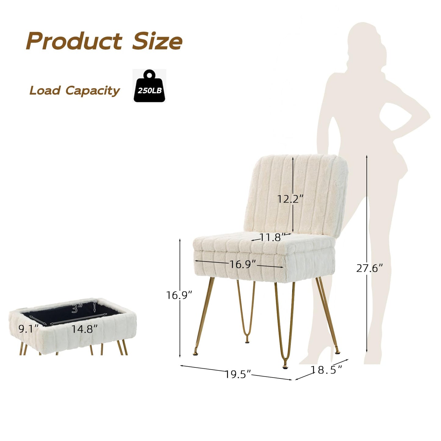 Manyday Vanity Chair with Storage, Comfy Ottoman with Folding Back, Faux Fur Vanity Stool with 4 Metal Legs for Make Up, Furry Padded Seat with Anti-Slip Feet for Bedroom Dressing Room
