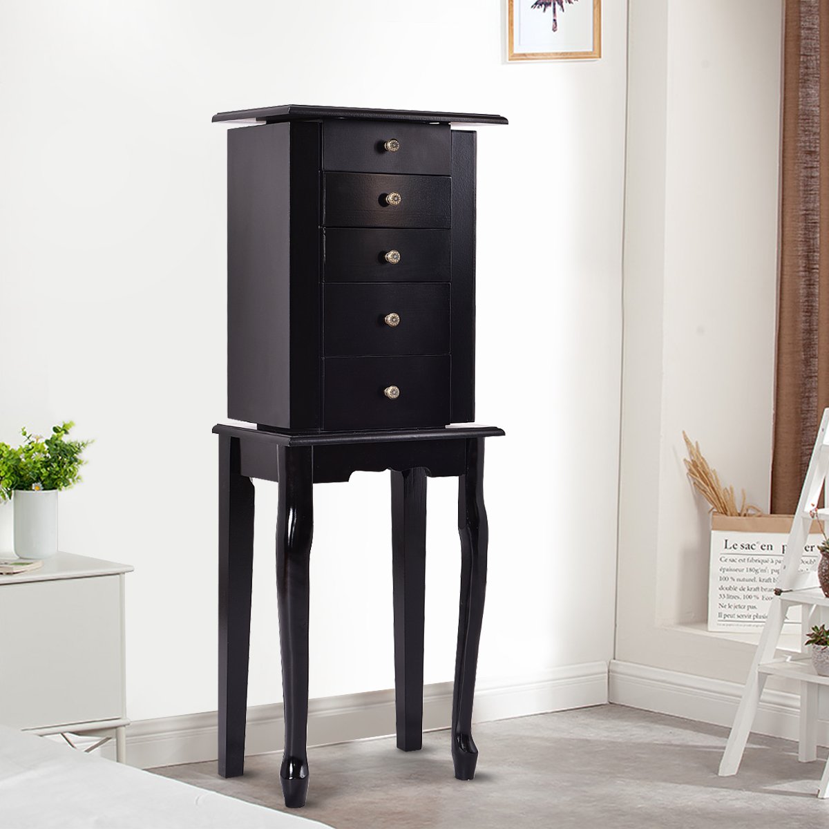 Giantex Jewelry Armoire Cabinet Chest Organizer Box Top with Flip Mirror Standing Space-Saving Bedroom Makeup Accessories Storage Armoires 8 Necklace Hooks, Jewelry Cabinets with 4 Drawers (Black)