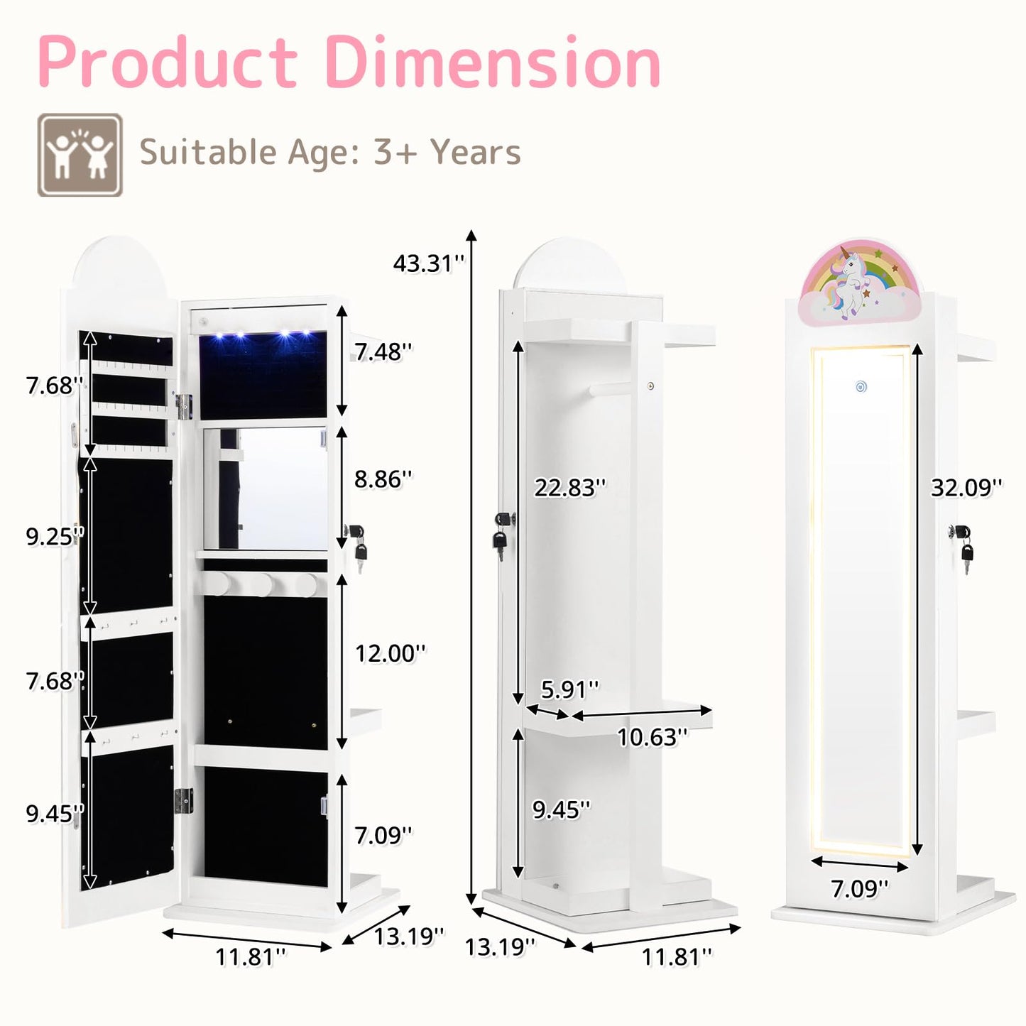 INFANS Kids Jewelry Armoire Cabinet with LED Lights, Lockable Standing Organizer with Full-length Mirror, Unicorn Theme Children Vanity Dress Up Storage Rack for Girls