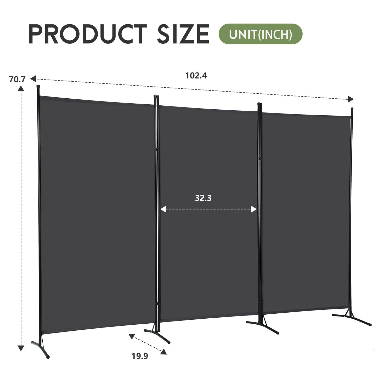 FDW 3-Panel Room Divider Privacy Screen, 6FT Portable Folding Partition with Metal Frame (102" W x 70" H) for Office/Home Use, Grey