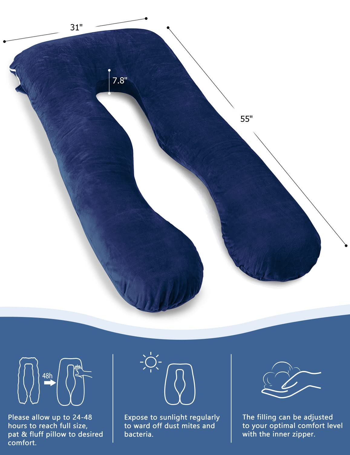 AngQi Pregnancy Body Pillow, U Shaped Full Body Pillow with Removable Velvet Cover, Navy Maternity Pillow