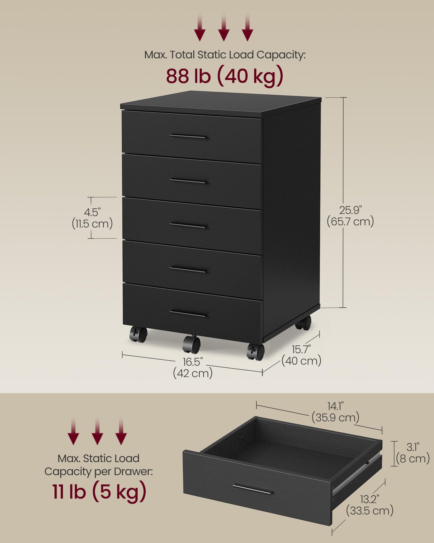 VASAGLE Custos Collection - File Cabinet, Mobile Pedestal Filing Cabinet with Wheels, Printer Stand with 5 Drawers, Tool-Free Sliding Rails, for Study, Home Office, Ink Black UOFC081BC01S