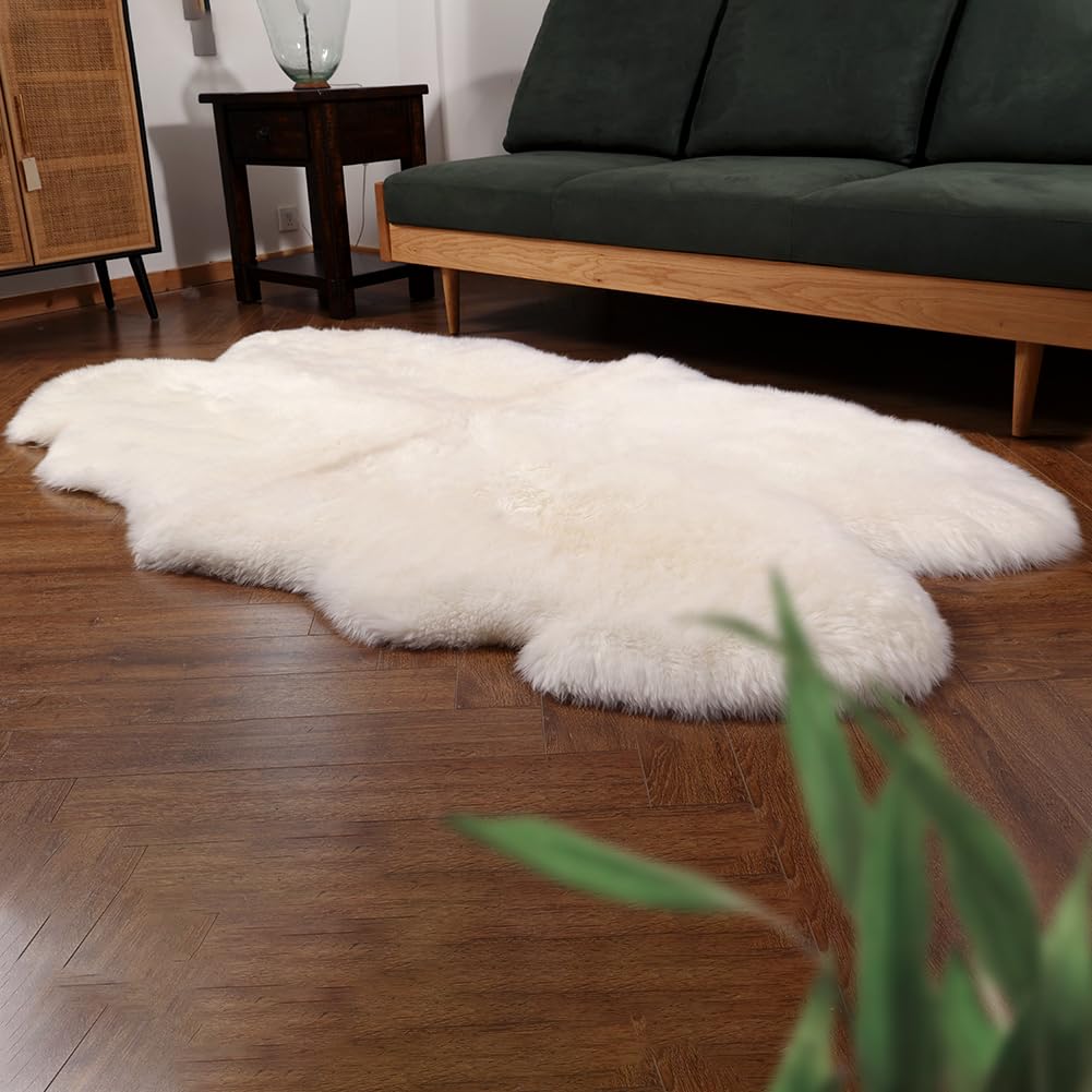 IRIWOOL Premium Genuine Fur Sheepskin Rug Real Australia Sheepskin Natural Luxury Fluffy Lambskin Fur Area Rug Seat Covers for Kids Bedroom Sofa Chair Cover (Creamy White, 4ft x 6ft)