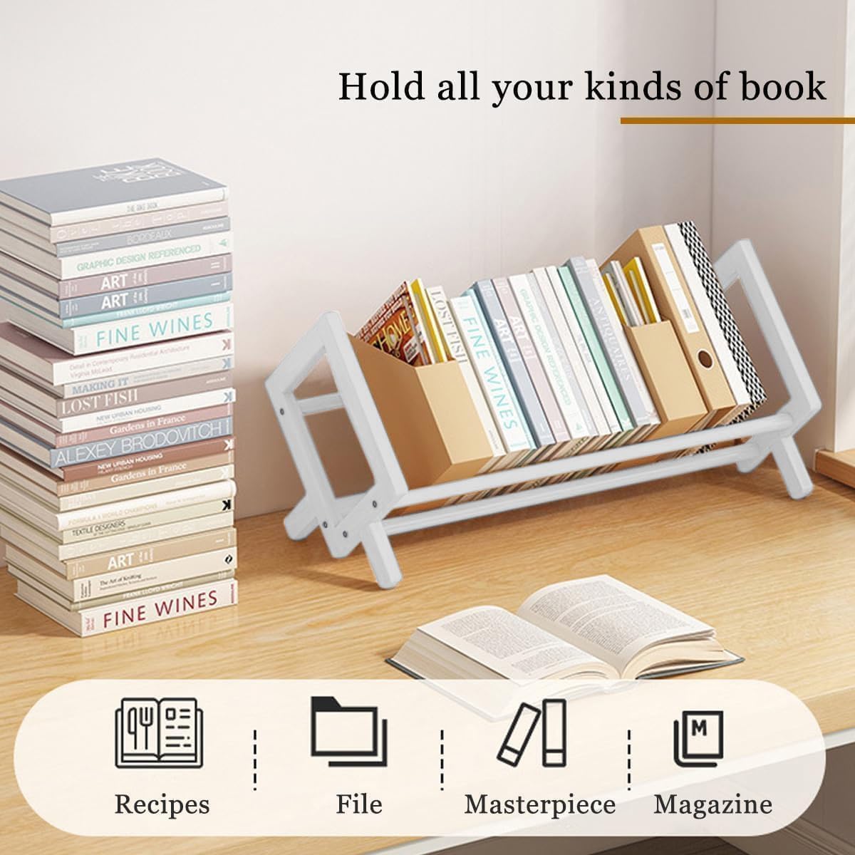 Fox Claw Wood Tilting Bookcase in Living Room/Home/Office, Desktop Book Shelf Organizer Bookshelves Storage Rack for CDs/Magazine/Books Display (White, 19.68"-L)