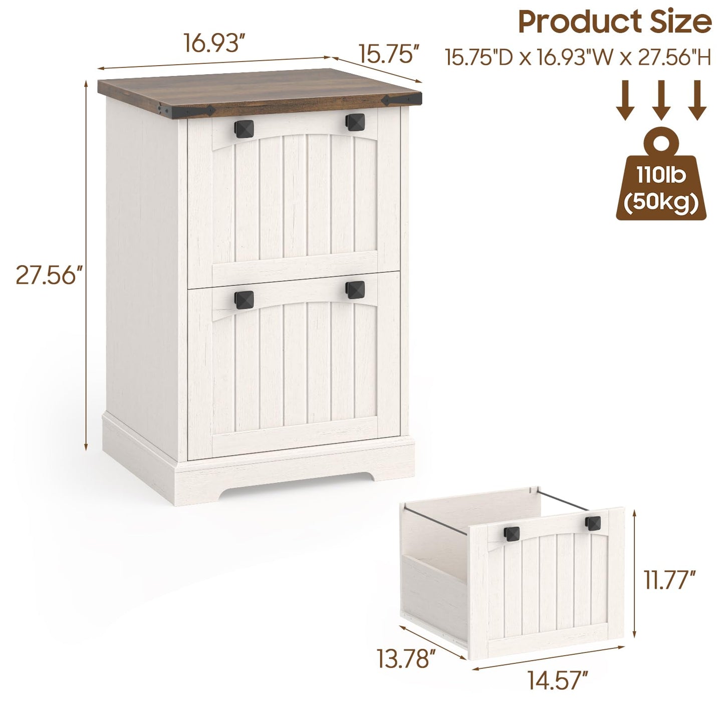 Halitaa 2 Drawer Small File Cabinet, Farmhouse Vertical Filing Cabinet Fits Letter and A4 Size, Under Desk Wooden File Cabinets for Home Office, Printer Stand, Rustic White