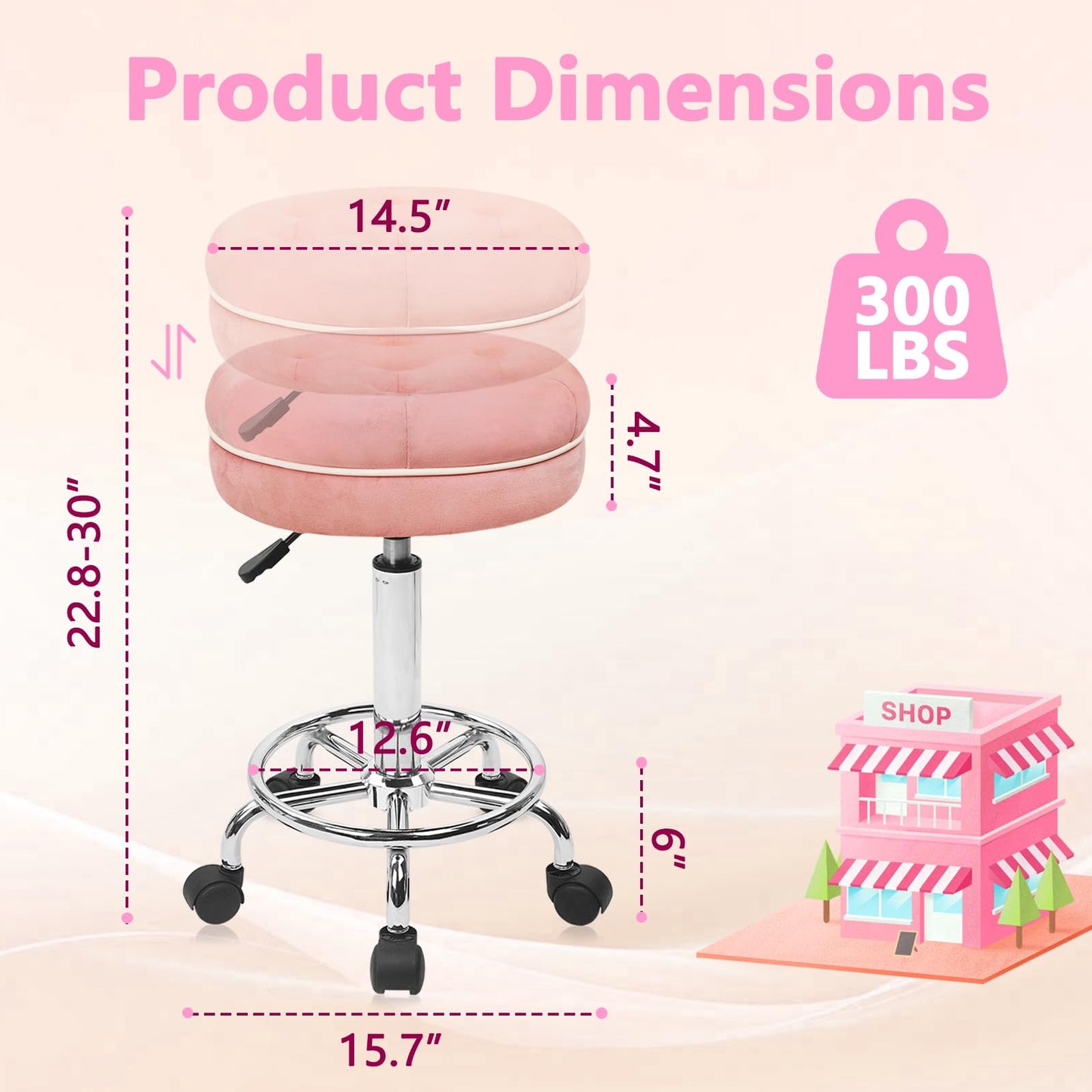 KLASIKA Velet Rolling Bar Stool with Wheels, Tall Drafting Stool with Adjustable Height and Footrest, Multi-Purpose Office Desk Chair for Home Kitchen Shop Work, Pink (1PK)
