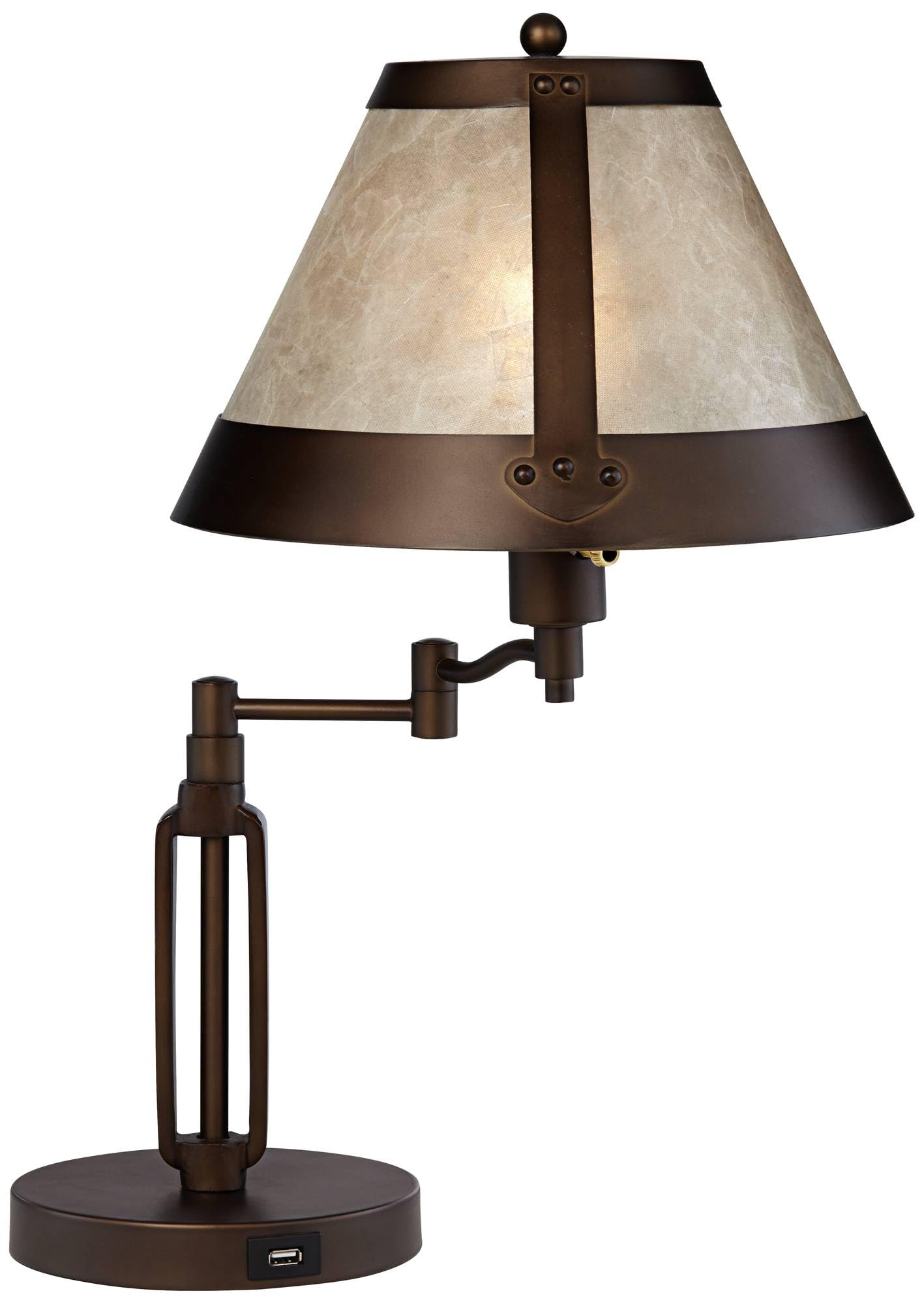 Franklin Iron Works Samuel 21 1/4" High Small Farmhouse Rustic Traditional Desk Lamps Set of 2 USB Port Swing Arm with Socket Brown Bronze Finish Metal Shade Home Office Living Room Charging Bedroom