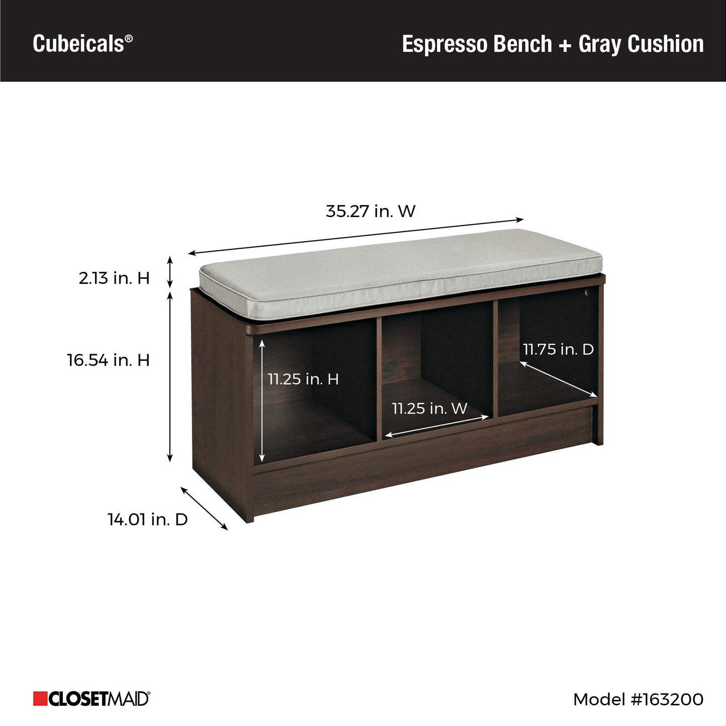 ClosetMaid 1632 Cubeicals 3-Cube Storage Bench, Espresso with Gray Cushion