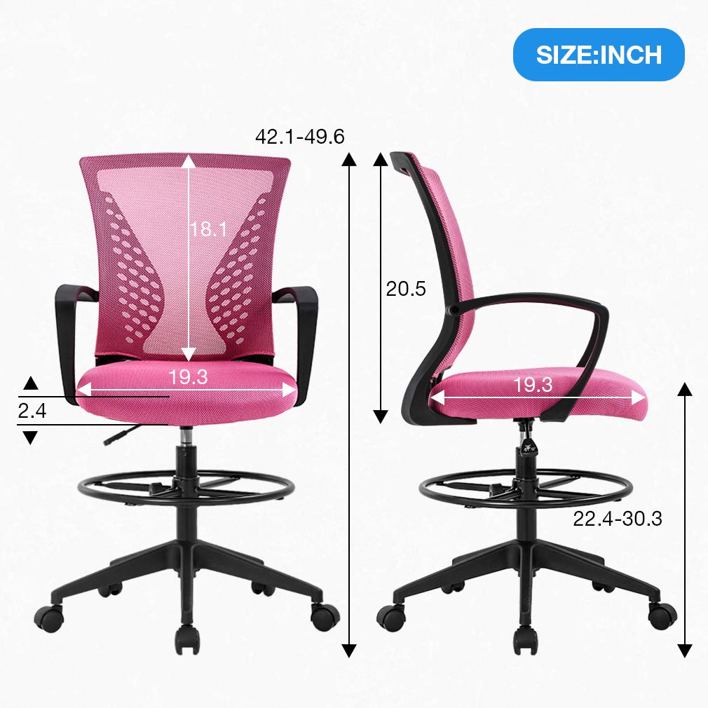 Drafting Chair Tall Office Chair Standing Desk Chair Adjustable Height with Arms Foot Rest Back Support Rolling Swivel Desk Chair Mesh Drafting Stool for Adults