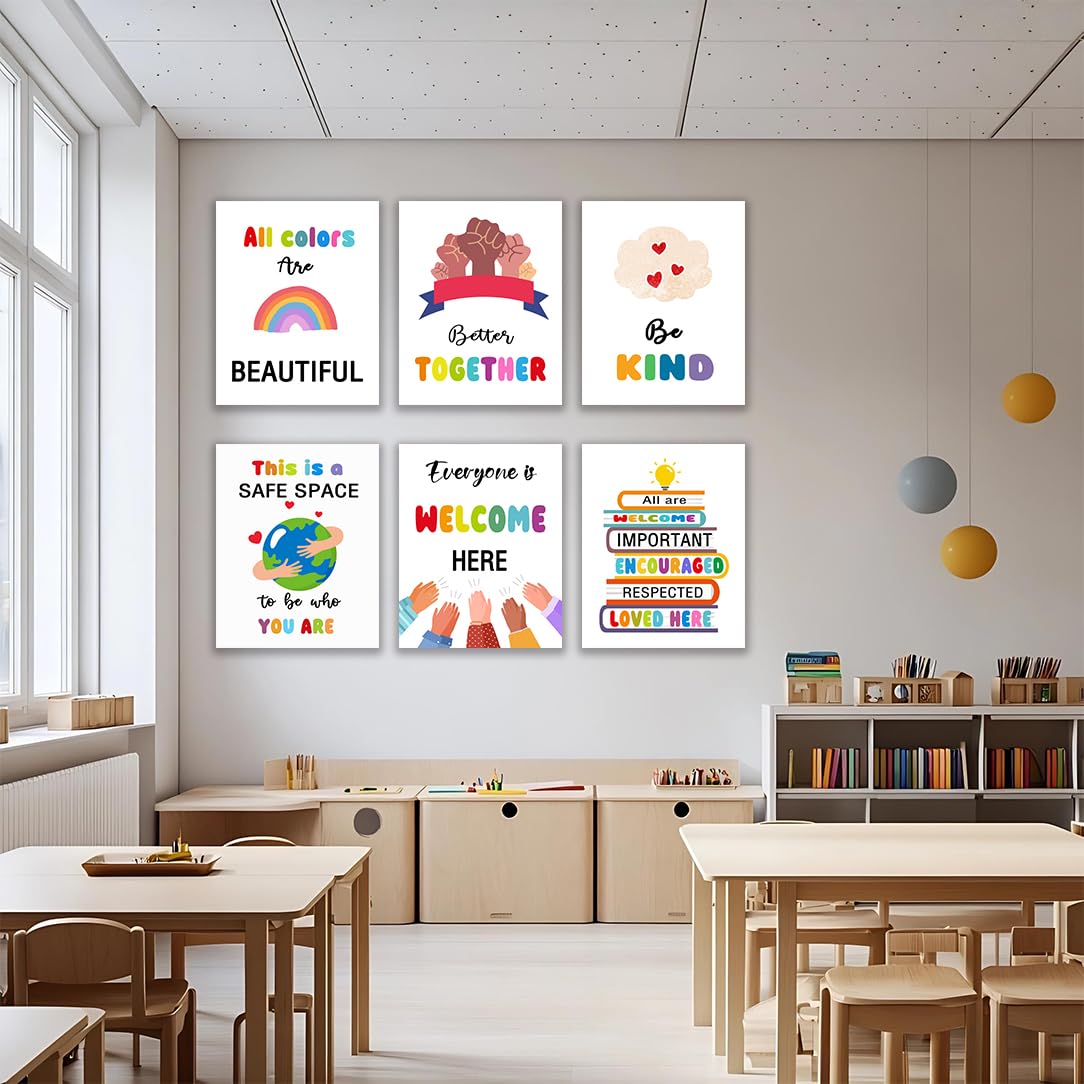 Classroom Canvas Wall Art, Kindness Diversity Canvas for Classroom Decorations,Teacher Canvas for Elementary Classroom Decor,Diversity Decorations for Classroom Canvas,Tabletop/Hanging,6-pack(29 x 38 cm) framed