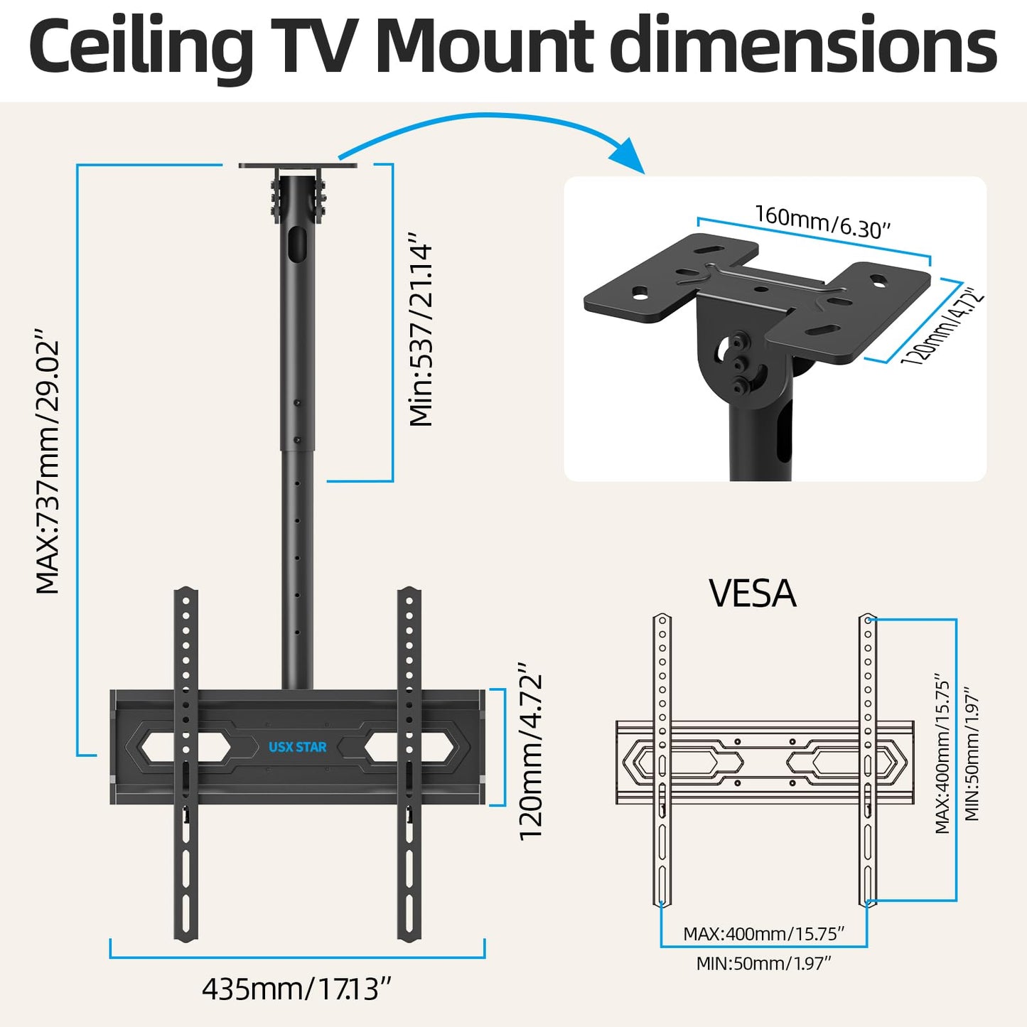 USX STAR Ceiling TV Mount for 26-65 inch TVs, 360° Swivel Full Motion Ceiling Mount TV Bracket, Height Adjustable, Tilt TVs Ceilings Mounts, Supports up to 110 Lbs, Max VESA 400x400mm