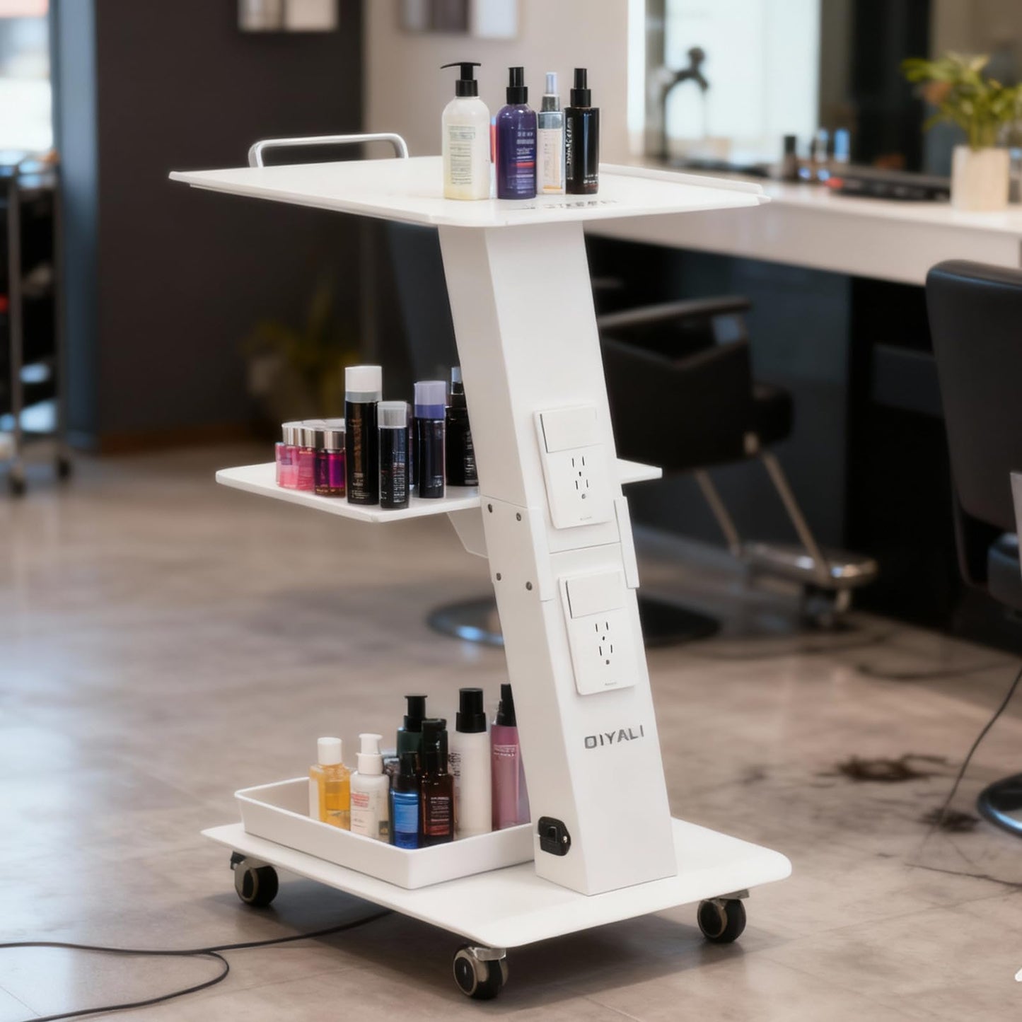 OIYALI Esthetician Cart with Sockets, Beauty Salon Cart with Wheels, Three-Tier Metal Mobile Table, 100-Pound Capacity, Suitable for Nail Salons, Tattoo Studios,Clinics, Hair Salon, and More