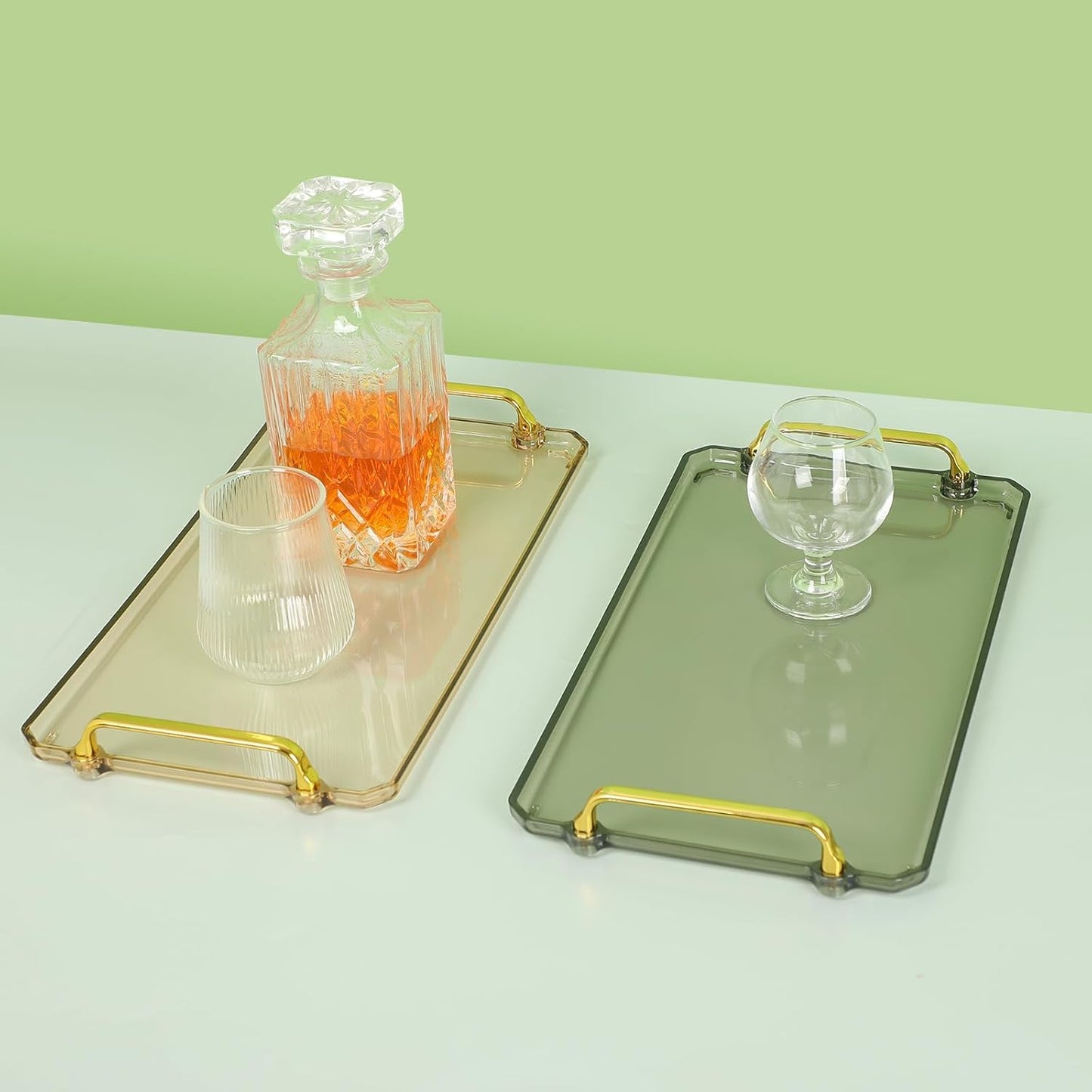 BERGFBV Acrylic Serving Tray with Handles, 16x9 Inch Ottoman Tray, Spill-Proof Coffee Table Tray for Couch, Bedroom & Countertop Decor (Green)