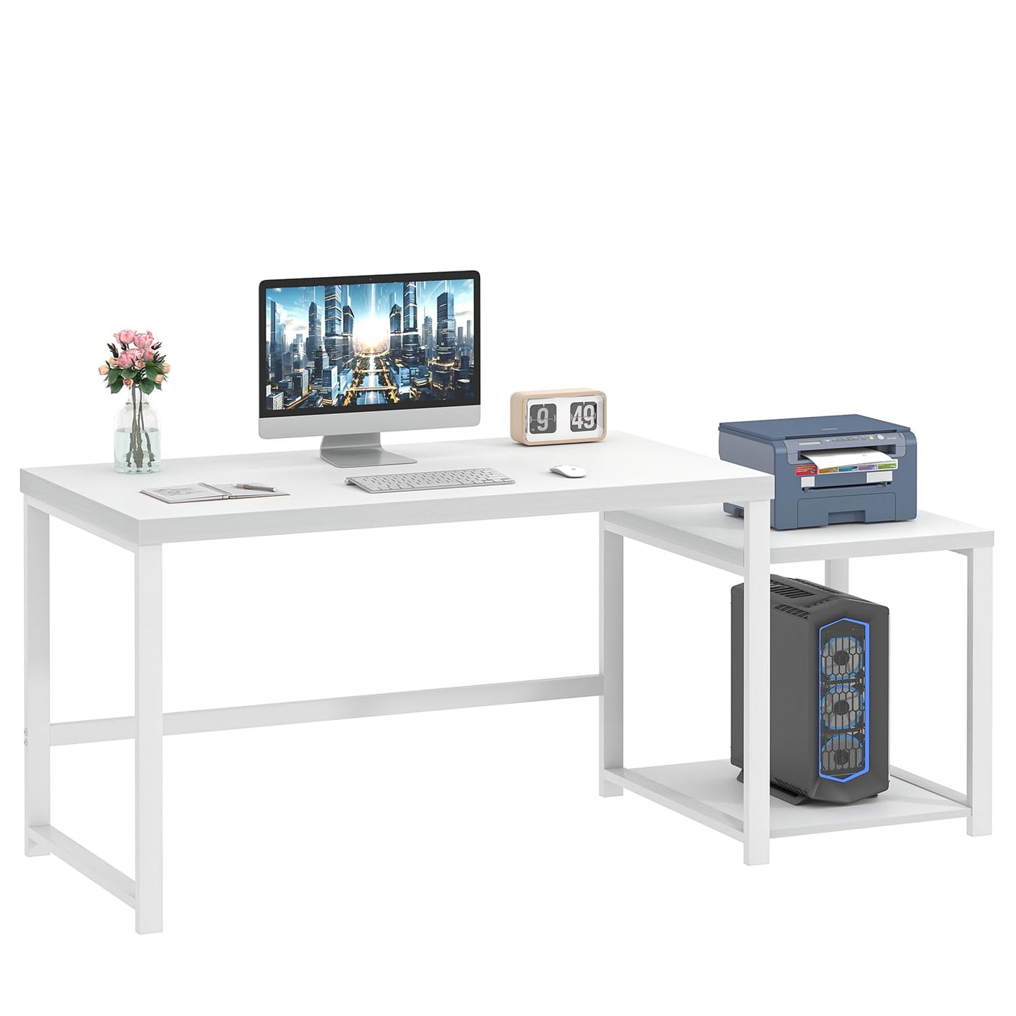 FOLUBAN Large White Computer Desk, Home Office Desk with Printer Space & PC Tower Stand, Modern Study Writing Table Workstation for Living Room Bedroom, 63 Inch