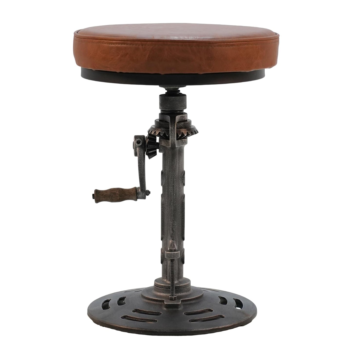 LOKKHAN American Antique Steampunk Deco Vintage Industrial Bar Cafe Stool, Retro Stylish Cast Iron Base Swivel Round Leather Top, Easily Adjusts by Crank Handle