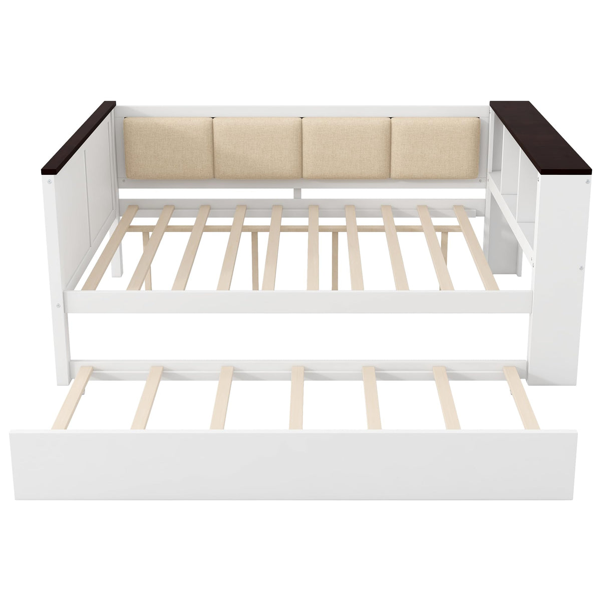 Ball & Cast Daybed with Trundle,Wood Full Size Daybed W/Storage Shelves and Upholstered Backrest & USB,Space Saving,No Box Spring Needed,Bedroom for Student Dorms,White