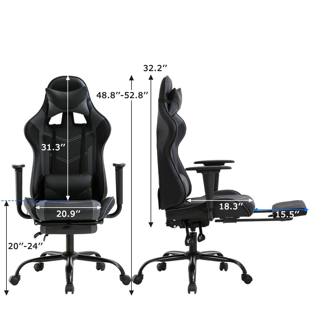 BestOffice | Ergonomic Gaming Chair | Grey | Reclining Computer Chair with Lumbar Support, Headrest Pillow, Adjustable Footrests | 360 Swivel with Heavy Duty Wheels | for Home & Office