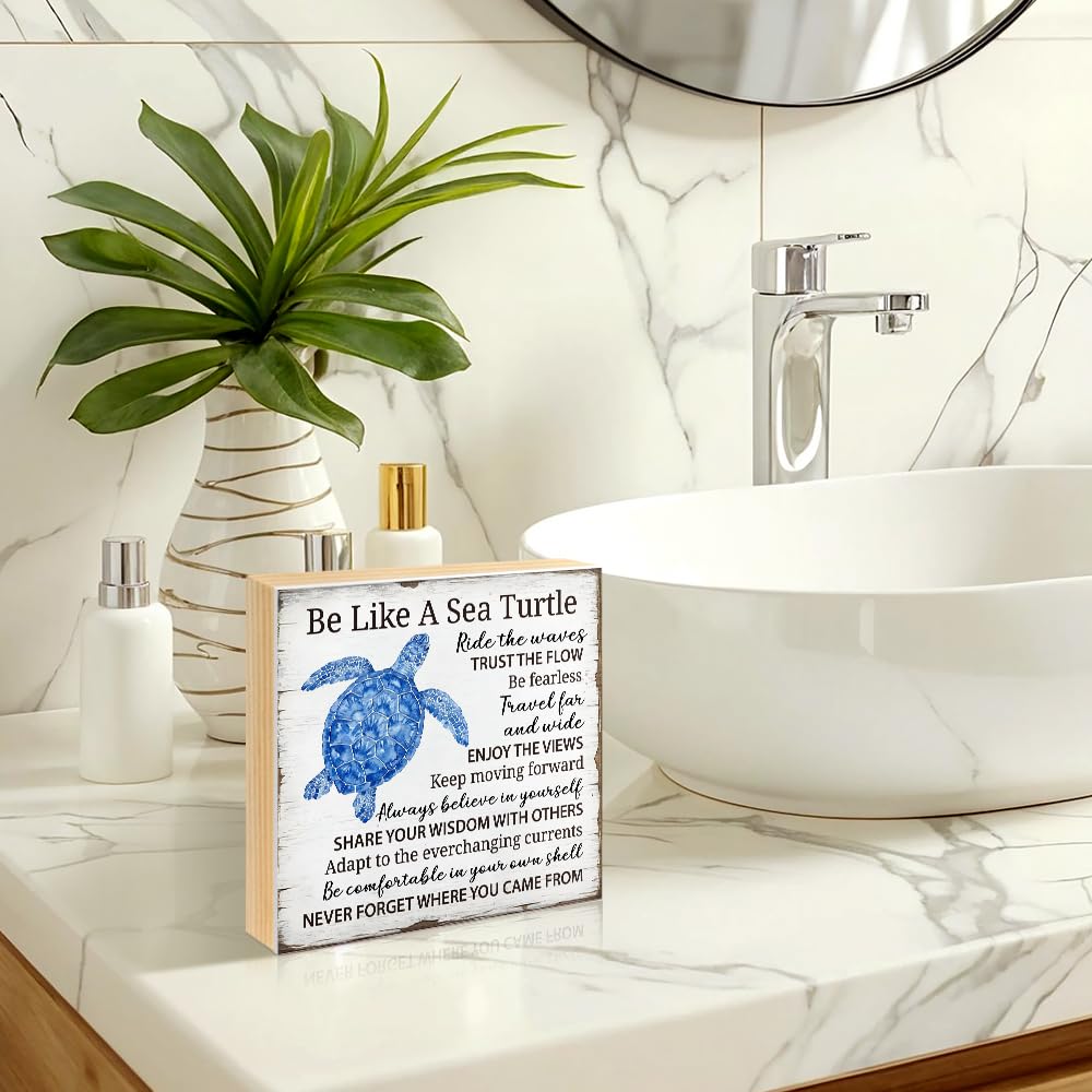 JQYCJTR Be Like A Sea Turtle Wood Block Plaque Box Sign for Home Living Room Coffee House Bar Shelf Table Decoration, Coastal Easter Beach Sign, Sea Turtle Motivational Wisdom Home Decor