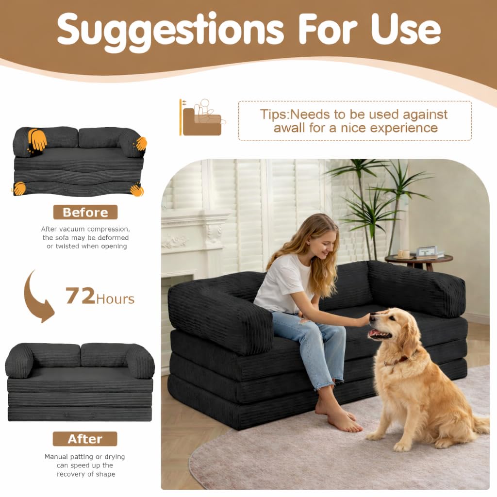NLDD Convertible Sofa Bed Full,5-in-1 Tri-Fold Boneless Couch with Removable Armrests & Handle,Corduroy Futon Sleeper Sofa,Floor Folding Mattress Pull Out Bed for Small Space Apartment Bedroom Black