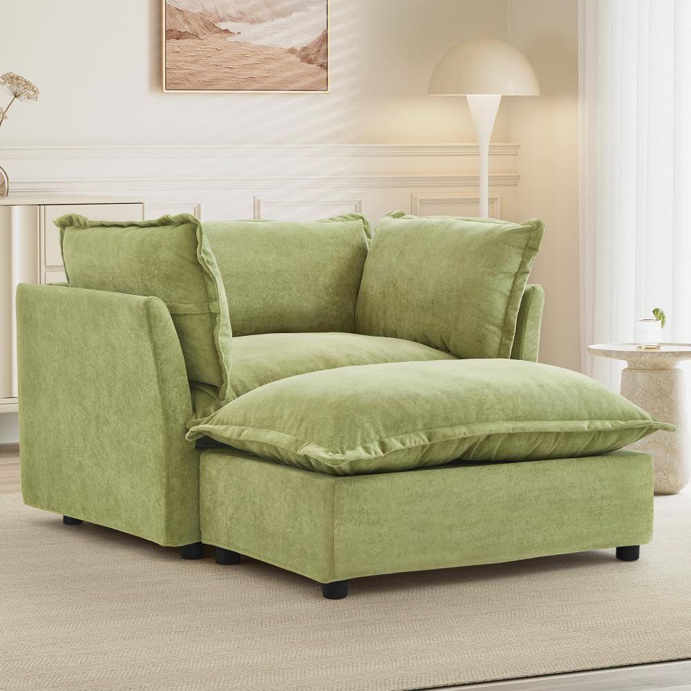 Asmeten Modern Armchair Sofa 47" Cozy Upholstered Sofa Chair with Movable Ottoman, Wide Seat, Curved Armrests and Soft Pillows for Living Room, Bedroom,Green (Green + Chenille + 2 Seat + Foam)