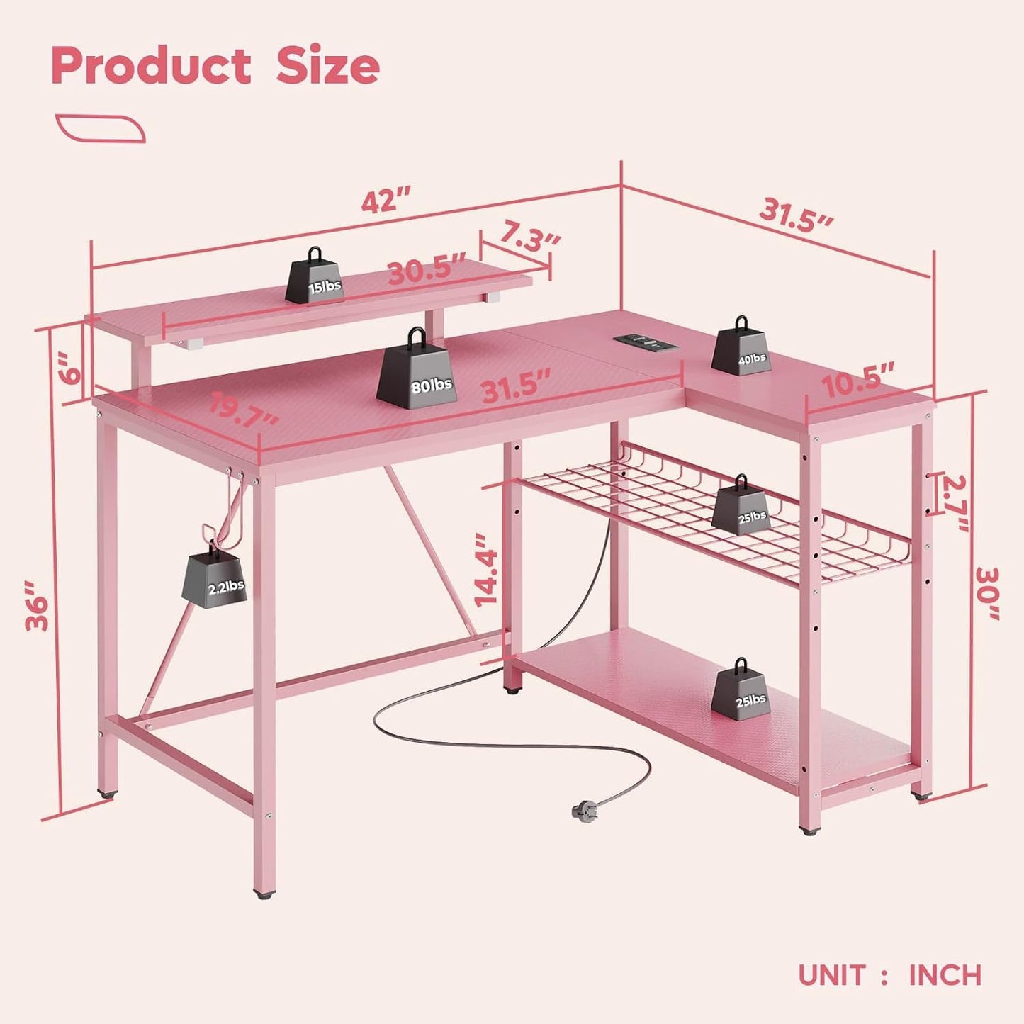 Bestier Pink Computer Desk with Power Outlets,42 LED Small Gaming Corner Desk with Reversible Storage Shelves,L Shaped Desk with Headset Hooks Studying and Workstation Desk for Office and Bedroom