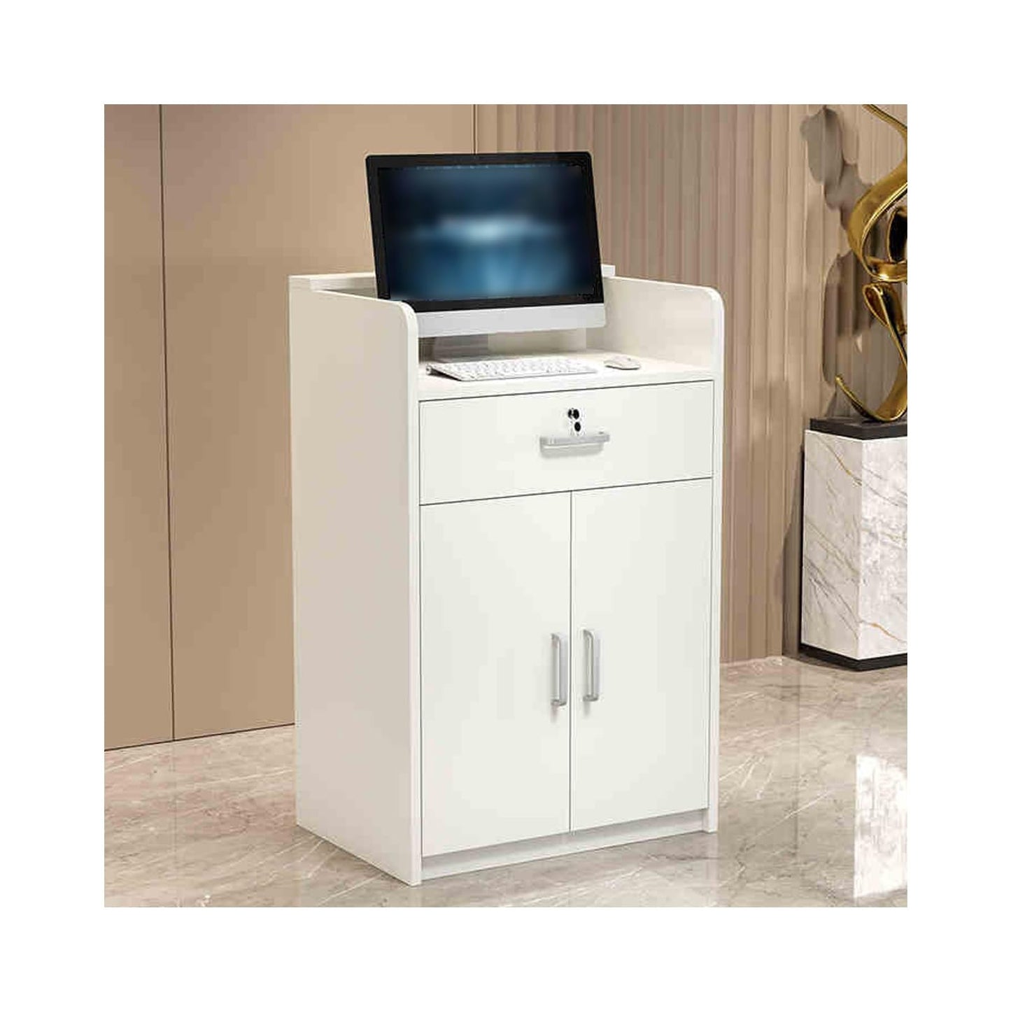 Modern Reception Desk with Lockable Drawers & Storage Cupboard, Light Walnut Modern Reception Desk - Checkout Counter for Office, Retail, Barber Shop & Clothing Store - Stylish Cashier Front