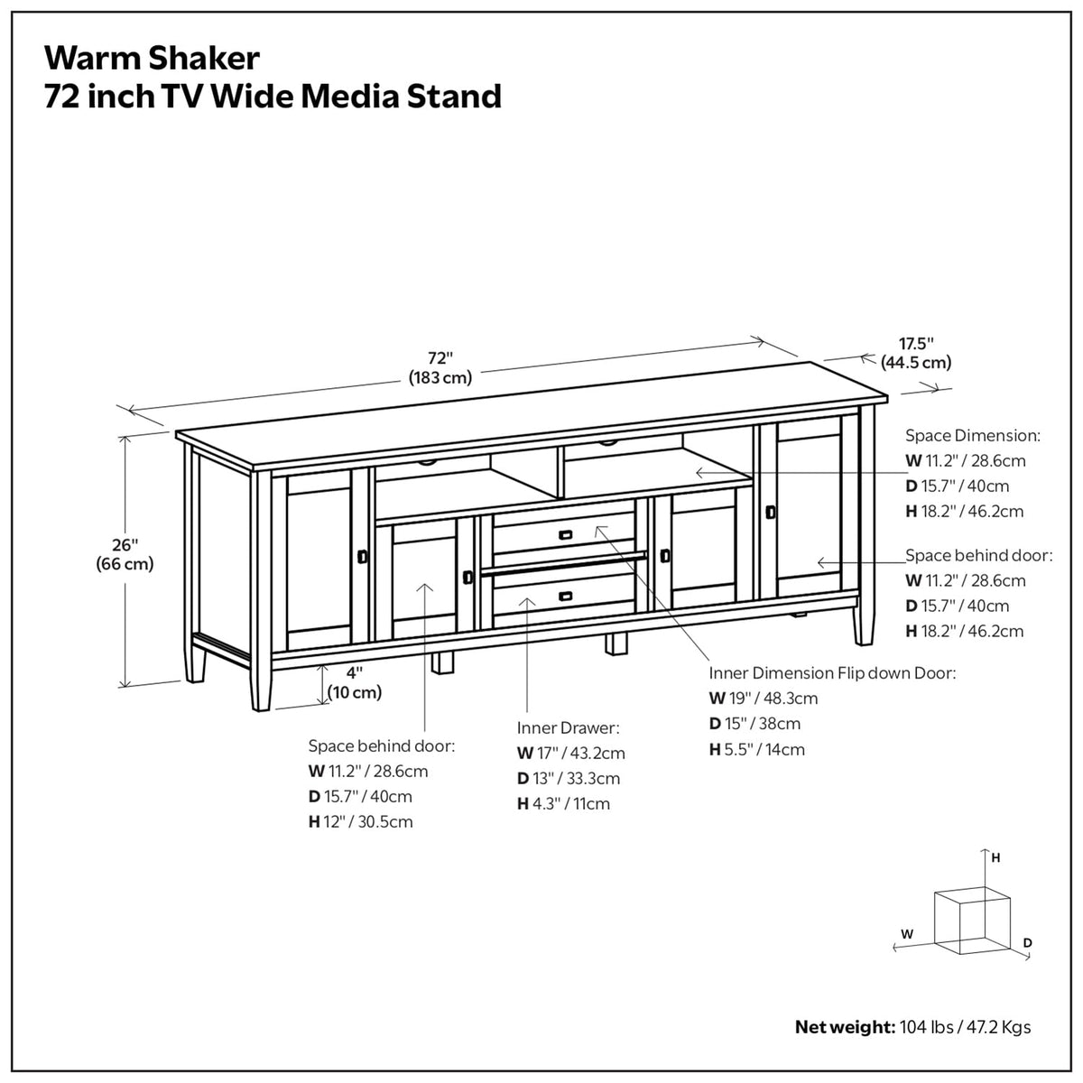 SIMPLIHOME Warm Shaker TV Stand - 72 inch Wide Solid Wood Media Console in Warm Honey Brown, Transitional Entertainment Center for Living Room for TVs up to 80 Inches with Cable Management
