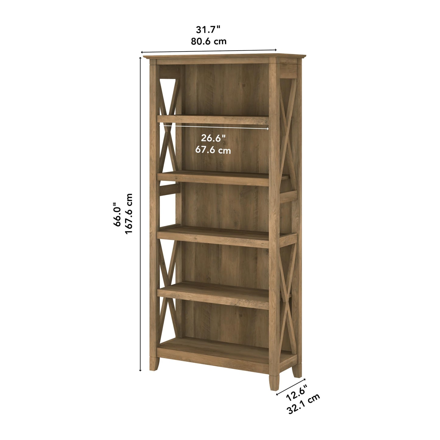 Bush Home Tall 5 Shelf Bookcase for Living Room or Home Office, Large Bookshelf, Modern Farmhouse Style, Key West Collection, Reclaimed Pine