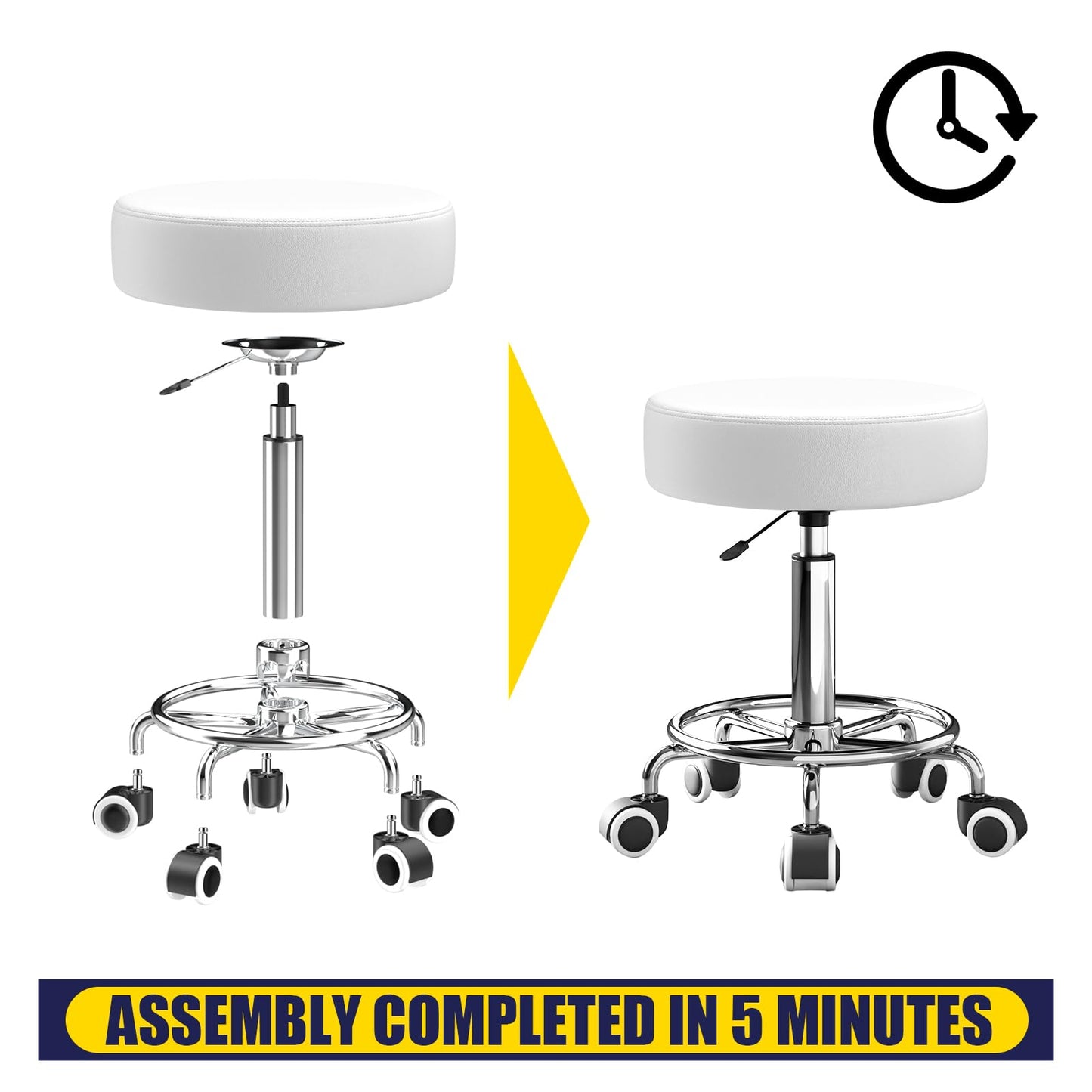 Rolling Stool With Heavy Weight Capacity 250lb, PU Leather Seat, Wheels and Footrest - Ultra Soft Padded, 360 Swivel for Spa, Drawing, Salon, Work, Office, Tattoo (White)