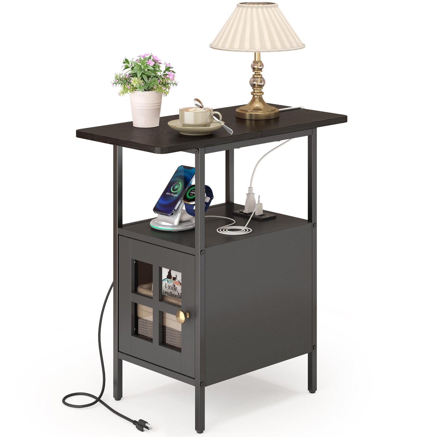 Farmhouse Narrow Side Table with Charging Station - 3-Tier End Table with USB & Outlets Compact Bedside Storage Table for Small Spaces, Multi-Functional Accent Table for Couch Corner Entryway Black