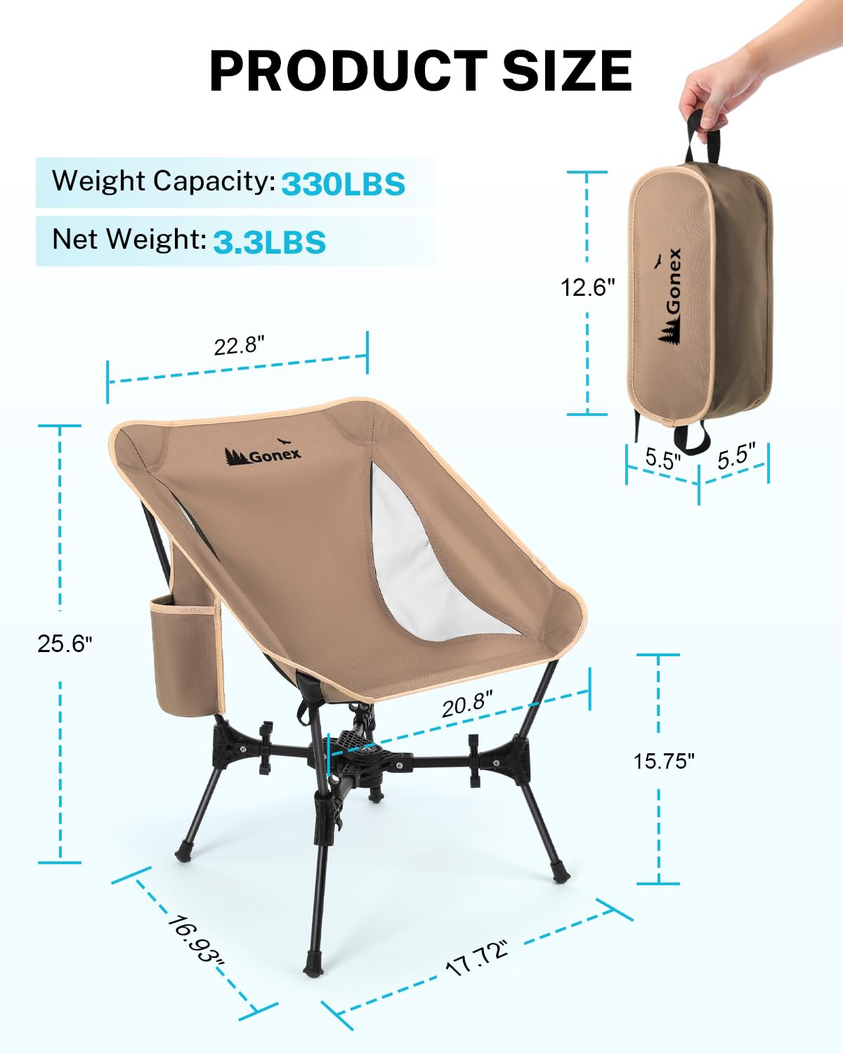 Gonex Portable Camping Chair, The 5th Gen Ultralight Compact Backpacking Foldable Lightweight Folding Chair for Outdoor Camp Hiking Beach Picnic Concert, Supports 330lbs (Khaki, 1 PCS)