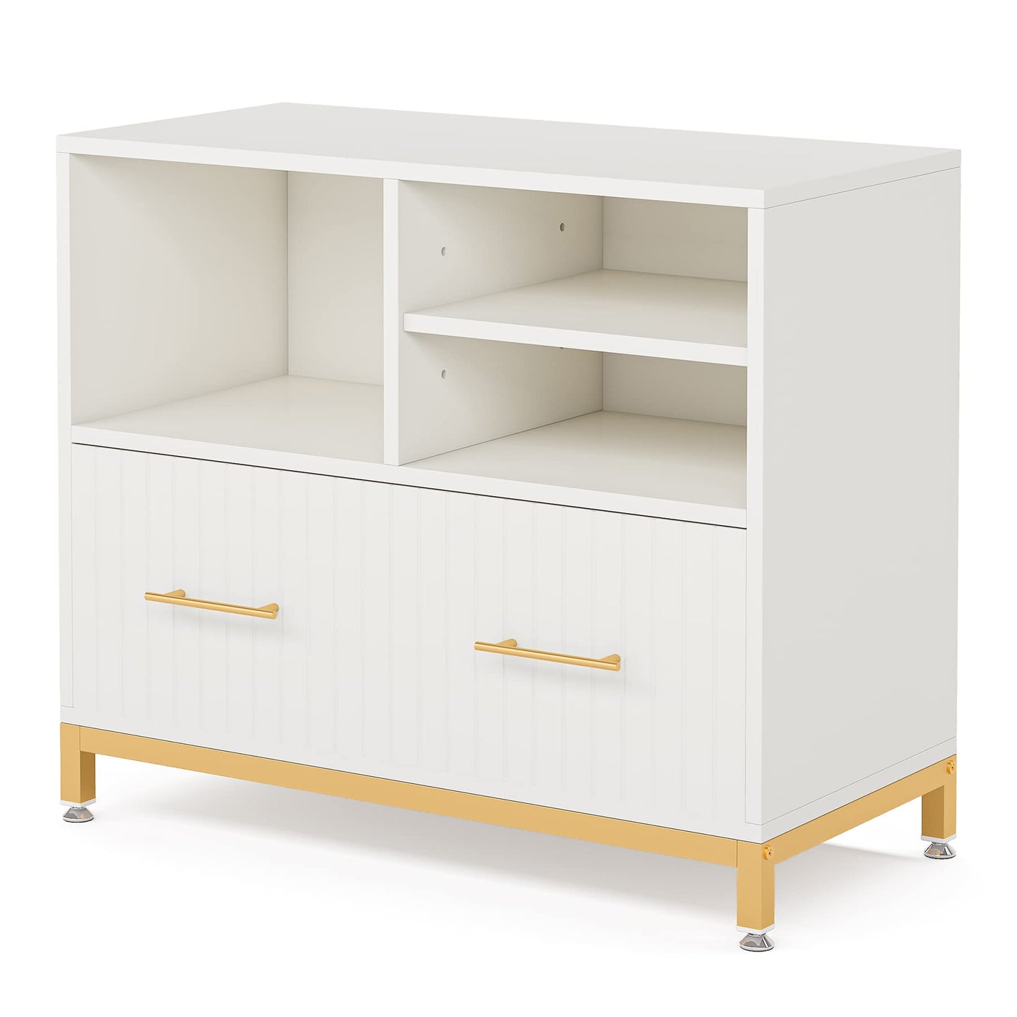 Tribesigns Lateral File Cabinet with Drawer, White Filing Cabinet for Letter/Legal/A4 Size Files, 35.4" Modern Wood File Storage Cabinets Printer Stand with Storage for Home, Office, White Gold