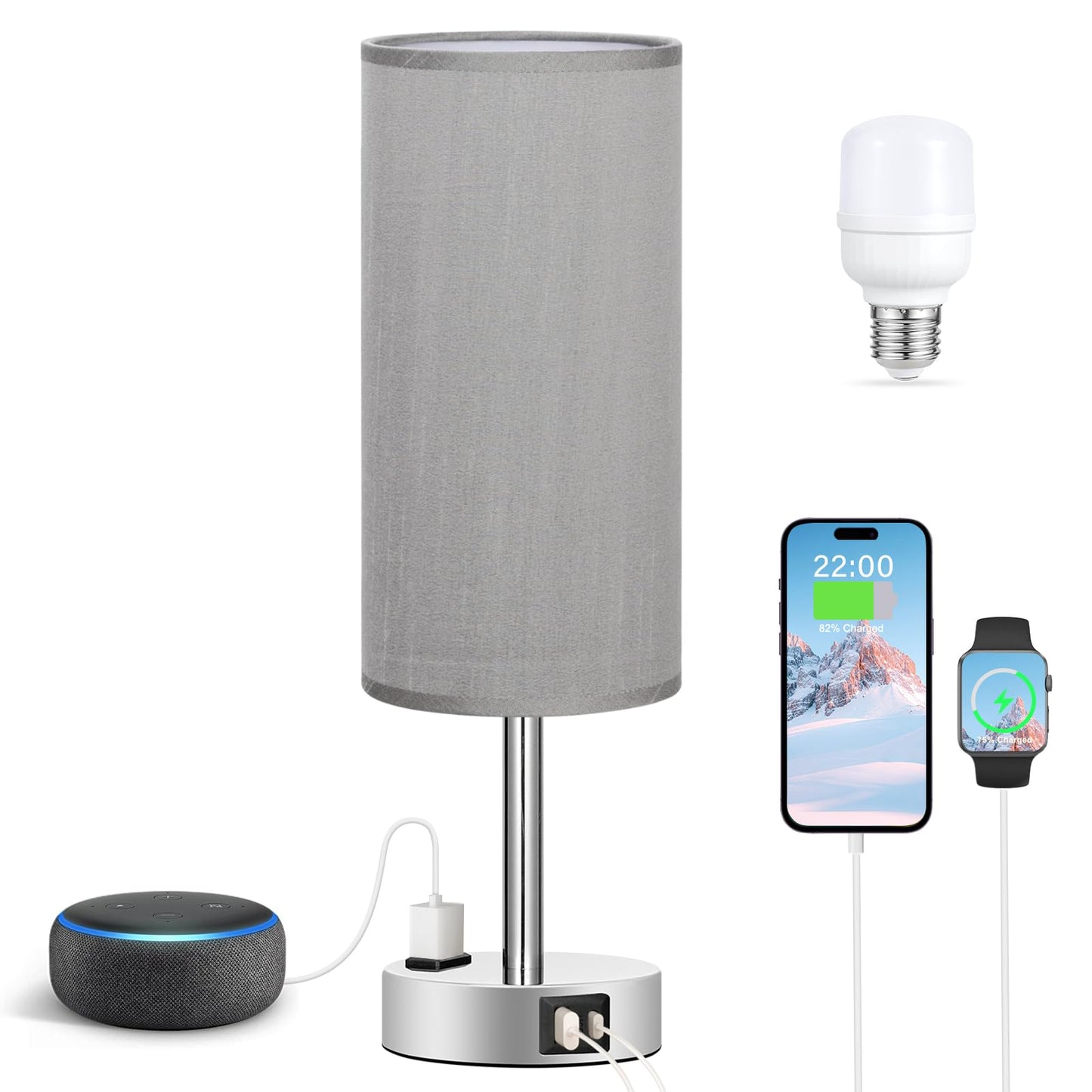 Fenmzee Grey Nightstand Table Lamp for Bedroom - 3 Way Dimmable Bedside Lamp USB C A Charging Ports and AC Outlet, Small Table Lamp Silver Base for Living Room, Office Desk, LED Bulb Included