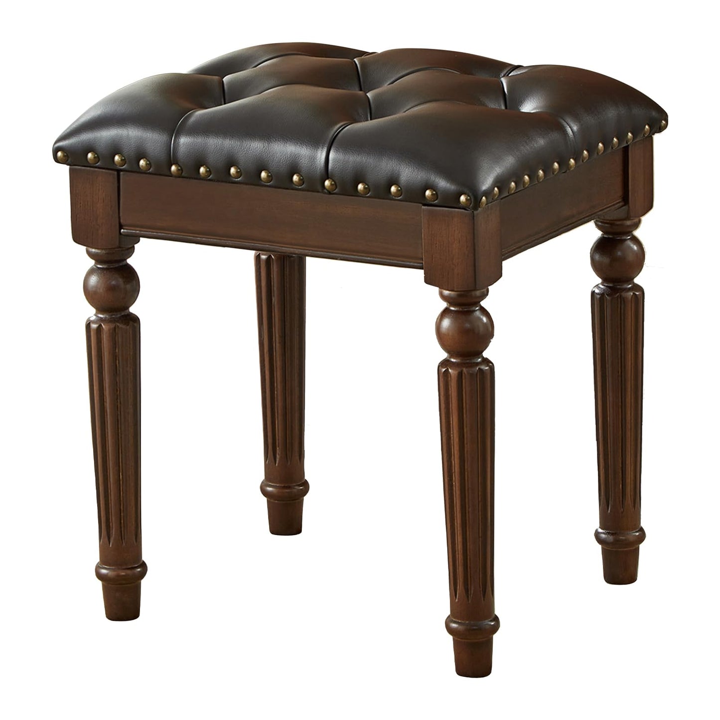 Vanity Bench Stool with Button Tufted, Solid Wood Vanity Bench Seat with Microfiber Leather Cushion for Bedroom, Dinning Roon, Entryway, Cloakroom, Study (Dark Brown)