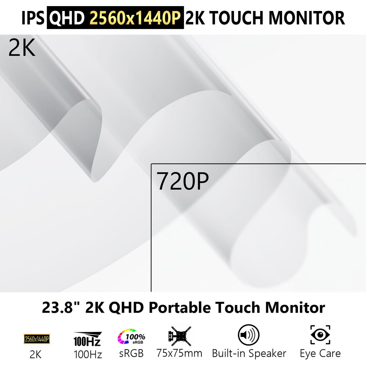 Prechen 23.8 Inch 2K 100Hz Large Portable Touchscreen Monitor 100% sRGB IPS Portable Touch Display QHD w/90° Adjustable Stand USB-C HDMI Laptop Monitor Desktop 2560X1440