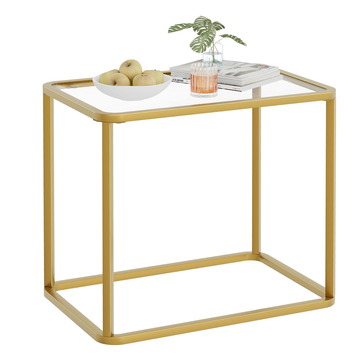 Garden 4 you Glass Side Table, Rectangle End Table with Metal Frame, Modern Bedside Table for Office, Bedroom, Living Room, Study,Small Spaces,Easy Assembly,23.6x15.7x20.8 Inches,Gold